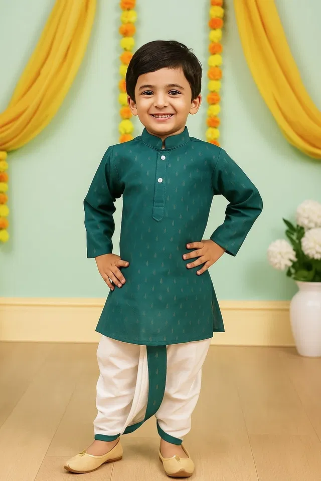 Cotton Blend Printed Kurta & Paints Set for Boys , Green (7-8 Years)