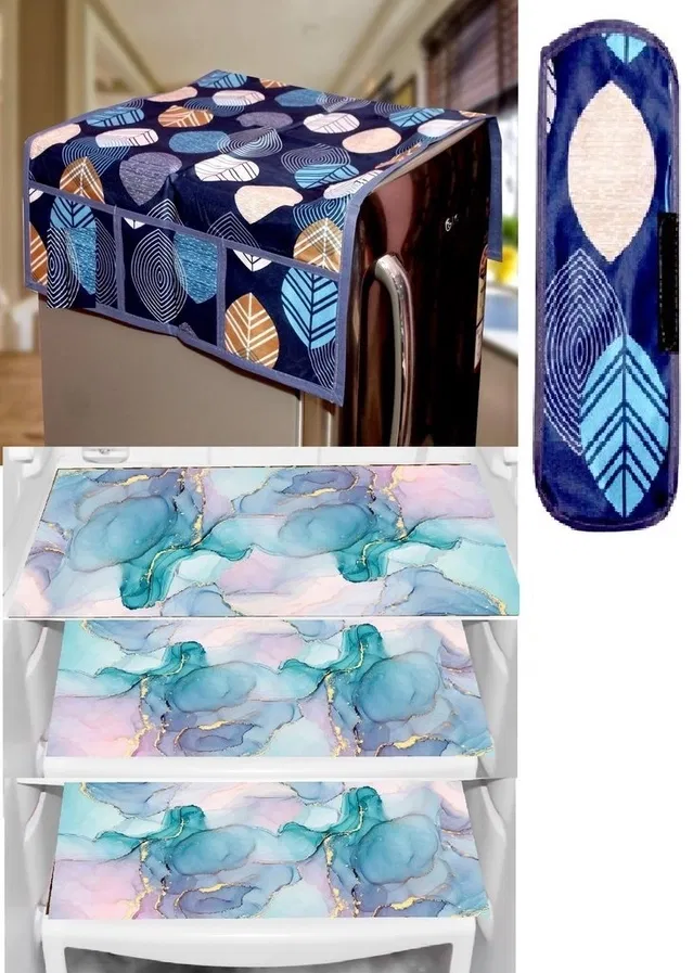 PVC Printed Fridge Top Cover with 3 Pcs Shelf Mats & Handle Cover (Multicolor, Set of 1)