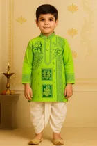 Cotton Printed Kurta with Dhoti for Boys, Green & White 