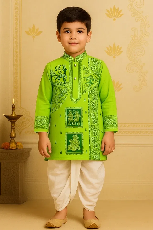 Cotton Printed Kurta with Dhoti for Boys, Green & White (4-5 Years)