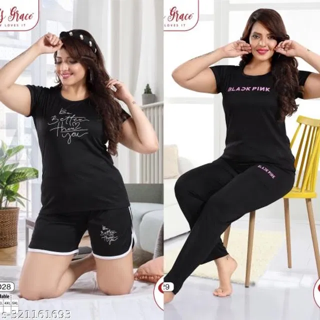 Satin Nightsuit for Women (Black, M) (Pack of 2)