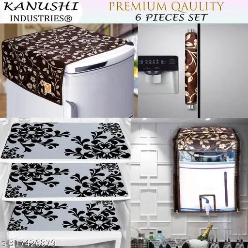 KANUSHI Industries® PVC Fridge Mats Set Of 3 / Refrigerator Mats+1 Pc Fridge cover/Refrigerator cover+1 pc handle cover+1 water purifier cover(FRI+RO+1-HANDLE-BROWN-RAJ+M-2)