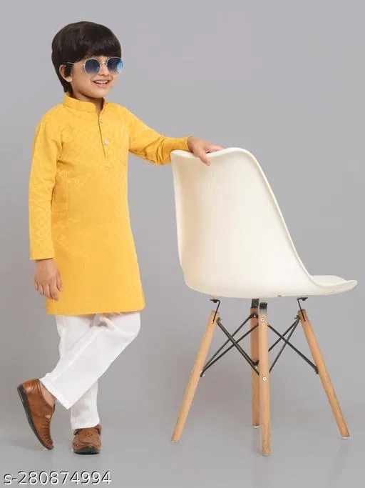 Cotton Blend Kurta with Pyjama for Boys (Yellow & White, 4-5 Years)