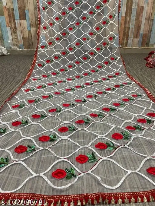Embroidered Chanderi Net Floral Sewing & Embroidery (White, Free Size)