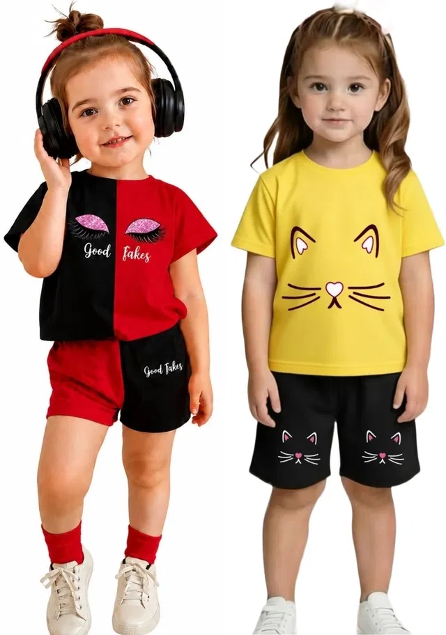 Graphic Print Cotton Blend Clothing Set for Girls, Pack of 2 (Multi, 6-12M)
