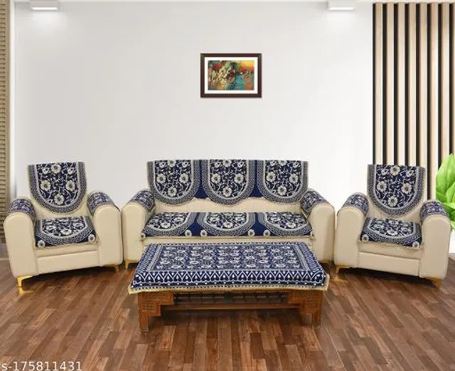 Polycotton 5 Seater Sofa Covers With Table Cover (Blue, Set of 2)