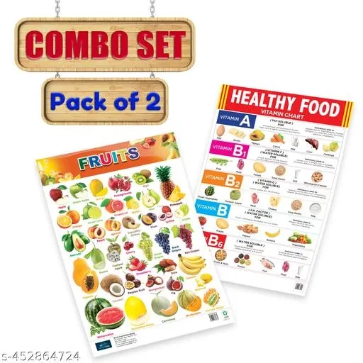 Bookford Publications Both Sides Big Laminated Charts – Fruits & Healthy Food (Set of 2) | Educational Wall Charts for Kids | Fruits Identification & Healthy Eating Charts | Durable, Colorful & Classroom-Friendly Learning Aids