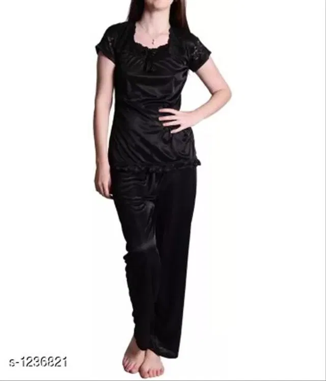 Satin Nightsuit Set for Women (Black, L)