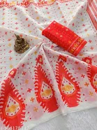 Cotton Lien Printed Saree for Women, White 