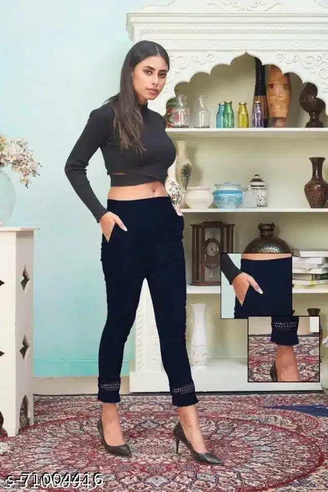 Cotton Lycra Trouser for Women (Navy Blue, 32)