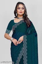 Georgette Solid Saree For Women, Green
