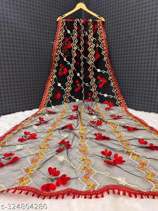 Floral Embroidered Net Dupatta for Women (Black, Free Size)