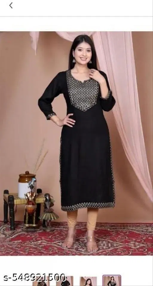 Solid Embroidered Rayon Slub Kurti for Women (Black, XXXL)