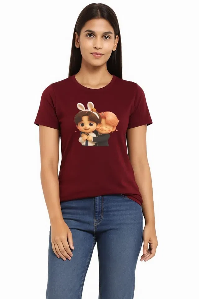 Cotton Blend Printed T-shirt for Women, Maroon (XL)