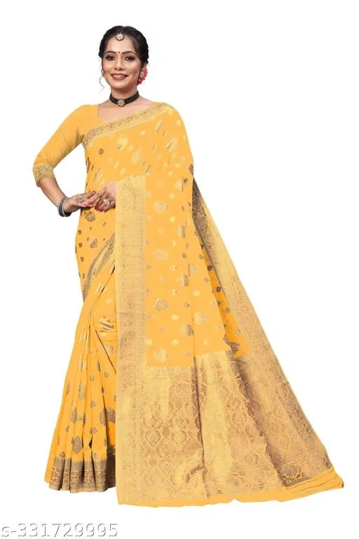 Cotton Zari Woven Saree for Women (Yellow, 6.3 m)