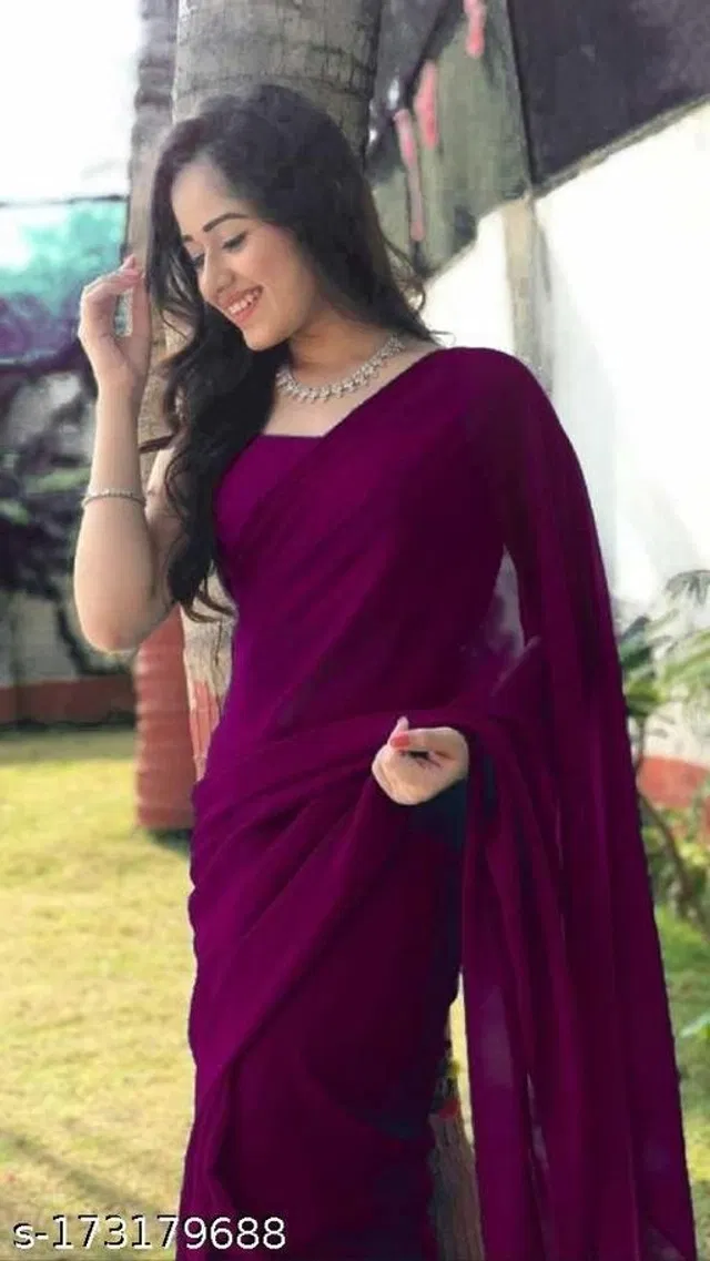 Georgette Solid Saree for Women (Wine, 6.3 m)