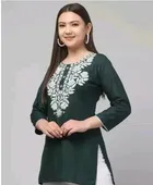 Gulab Design Cotton Embroidery Long Kurti For Women (Green) Size (XL)