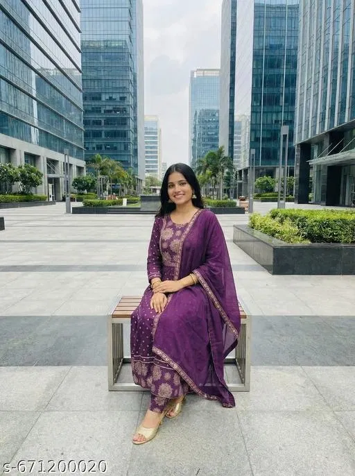 Printed A-line Kurta Set for Women (Purple, XL)