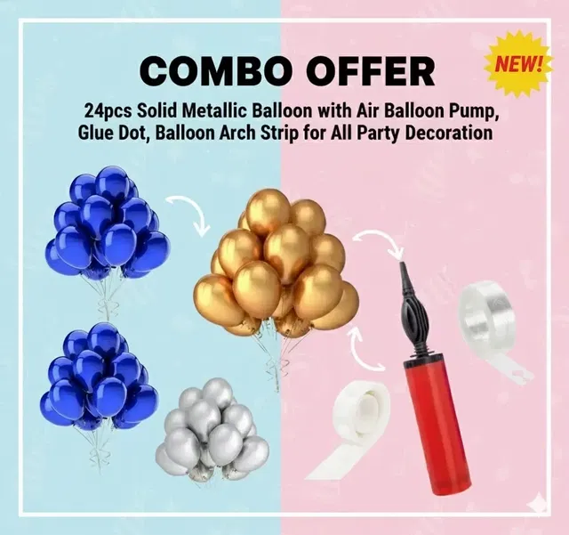24pcs Solid Metallic Balloon with Air Balloon Pump, Glue Dot, Balloon Arch Strip for All Party Decoration (set of 27) Multicolor