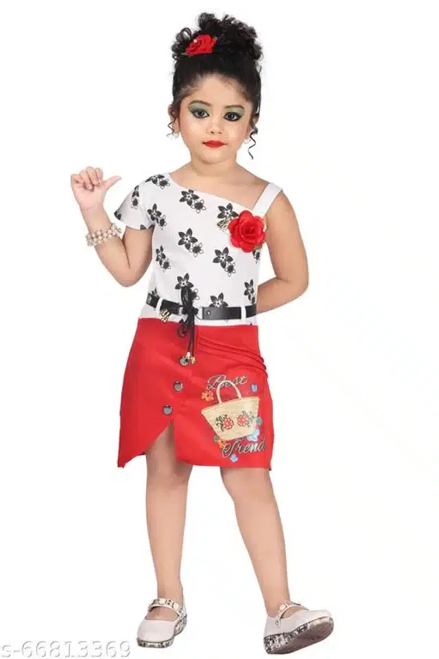 Cotton Blend Clothing Set for Girls (Red & White, 6-7 Years)