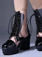 Shoetopia Solid Patent Leather Block Heeled Boots Black 