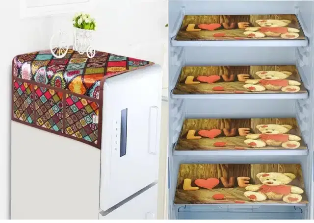 Knit Printed Fridge 4 Pcs Mat with Top Cover (Multicolor, Set of 1)