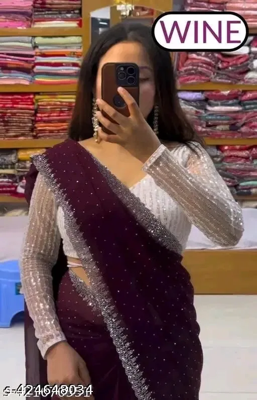 Georgette Embellished Saree for Women (Wine, 6.3 m)