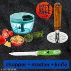 Plastic Manual Vegetables Chopper (450 ml) with Masher & Kitchen Knife (Multicolor, Set of 3)