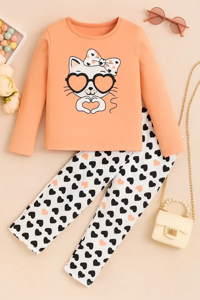 Hoisery Printed Clothing Set for Girls (Peach, 18-24 Months)