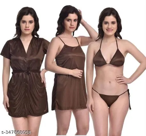 Satin Solid Babydoll for Women, Brown (XXL)