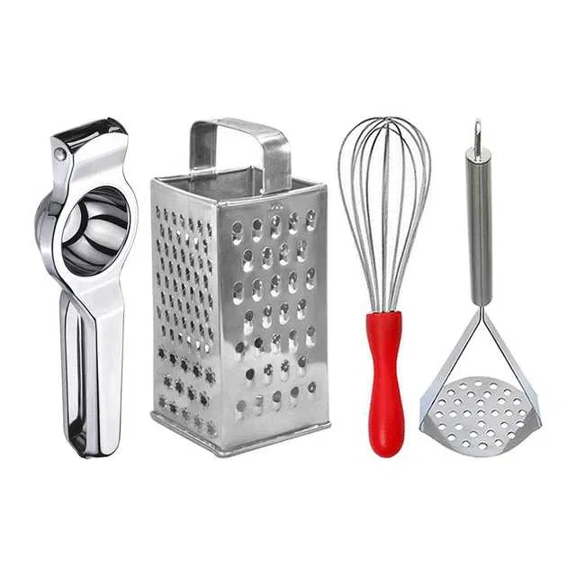 Oc9 Stainless Steel Lemon Squeezer & 4 in 1 Grater Or Slicer & Egg Whisk & Potato Masher Kitchen Tool Set (O-140)