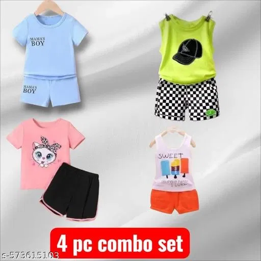 Hosiery Cotton Printed Clothing Set for Kids, Multicolor, Pack of 4 (6-9 Months)