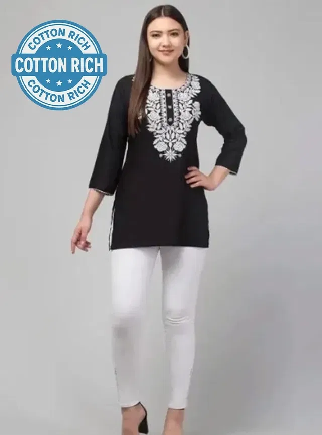 Cotton Embroidered Short Kurti for Women (Black, M)