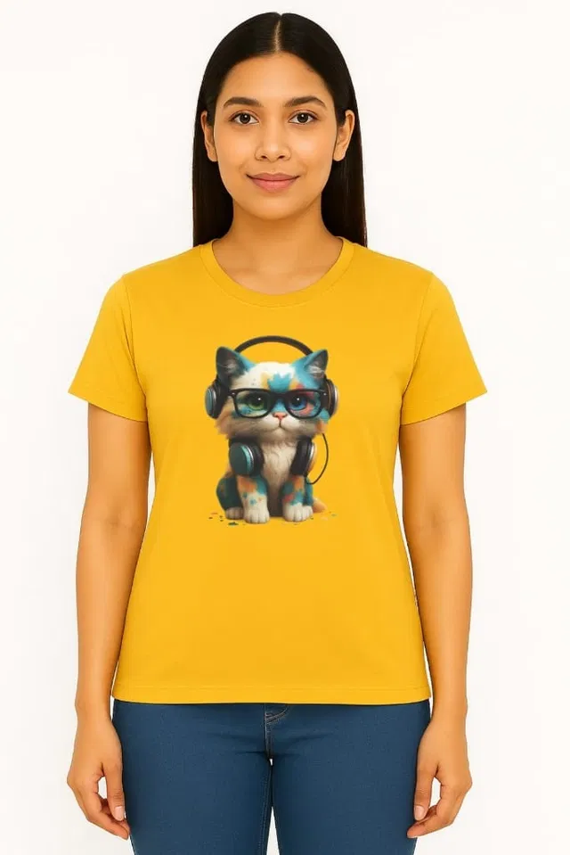 Cotton Blend Printed T-shirt for Women, Mustard (L)