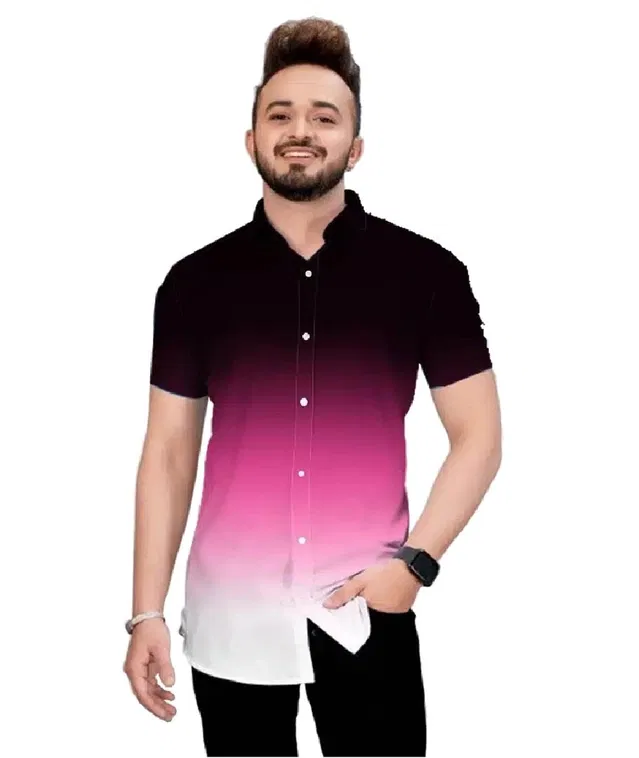 Men's Color Block Short Sleeves Shirt (Pink, M)