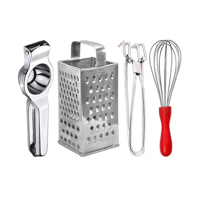 Oc9 Stainless Steel Lemon Squeezer & 4 in 1 Grater Or Slicer & Utility Pakkad & Egg Whisk Kitchen Tool Set (O-96)