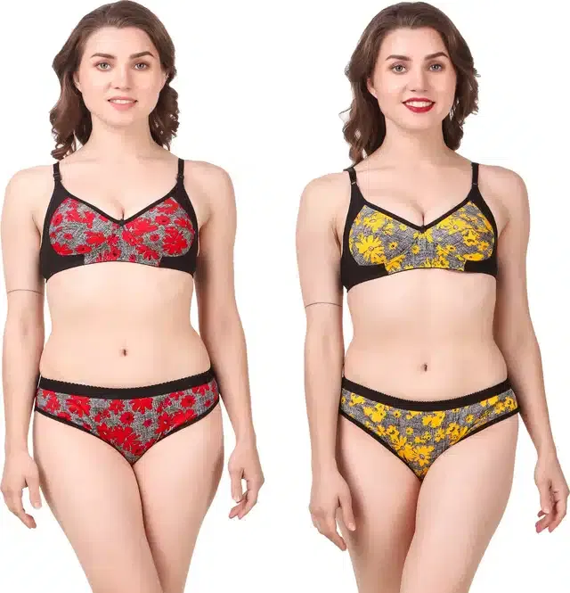 Cotton Blend Lingerie Set for Women (Red & Yellow, 36) (Set of 2)
