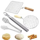 Stainless Steel Roasting Net with Round Papad Roaster, Serving Tong & Roti Tong (Silver, Set of 4)