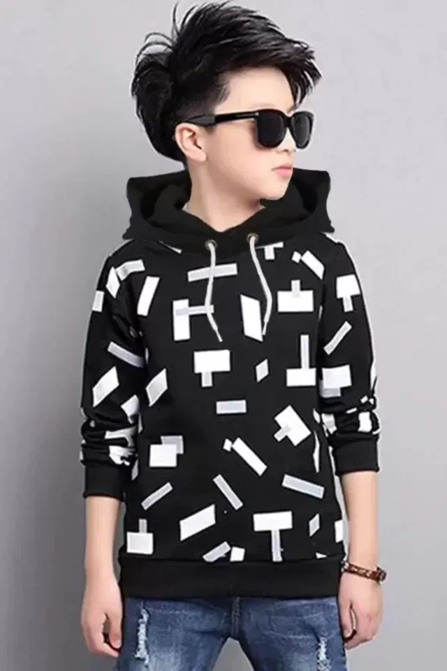 Cotton Blend Round Neck Hoodie for Boys (White & Black, 6-7 Years)
