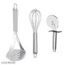 Stainless Steel Egg Beater with Pizza Cutter & Masher (Silver, Set of 3)