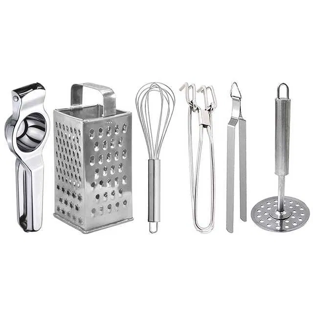 Oc9 Stainless Steel Lemon Squeezer & 4 in 1 Grater Or Slicer & Egg Whisk & Pakkad & Roti Chimta & Potato Masher Kitchen Tool Set (O-160)