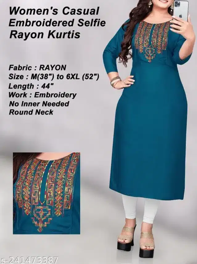 Rayon Embroidered Kurti for Women (Blue, 4XL)