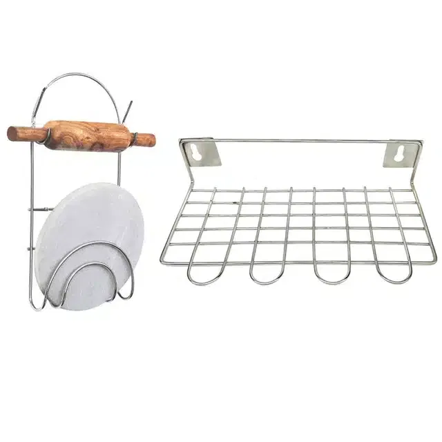 Stainless Steel Chakla Belan Stand & Utensil Holder (Set of 2, Silver)