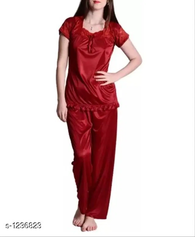 Satin Nightsuit Set for Women (Maroon, L)
