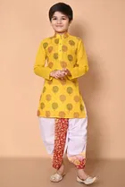 Cotton Printed Kurta with Dhoti for Boys, Yellow & White 