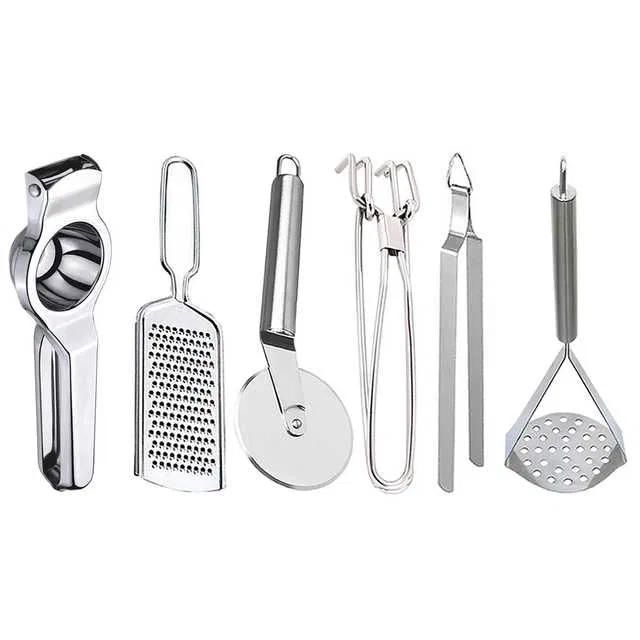 Oc9 Stainless Steel Lemon Squeezer & Cheese Grater & Pizza Cutter & Pakkad & Roti Chimta & Potato Masher Kitchen Tool Set (O-153)