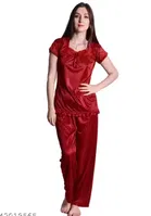 Comfortable Satin Nightsuits for Women, Red 