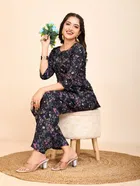 Cotton Blend Printed Kurti With Pant & Dupatta for Women, Black 