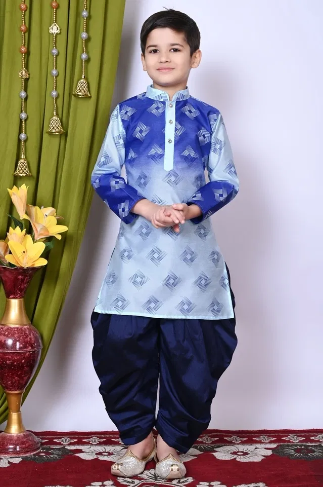 Dupion Silk Printed Kurta with Dhoti for Boys, Blue (7-8 Years)
