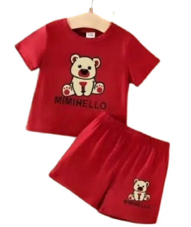 Hosiery Cotton Half Sleeves T-Shirt with Pant Clothing Set for Kids (Red & Yellow, 0-6 Months) (Set of 2)